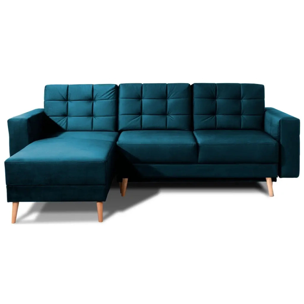 Divano angolare convertibile HASGARD 3 posti blu scuro 248x162 cm – con vano contenitore e piedi in legno
