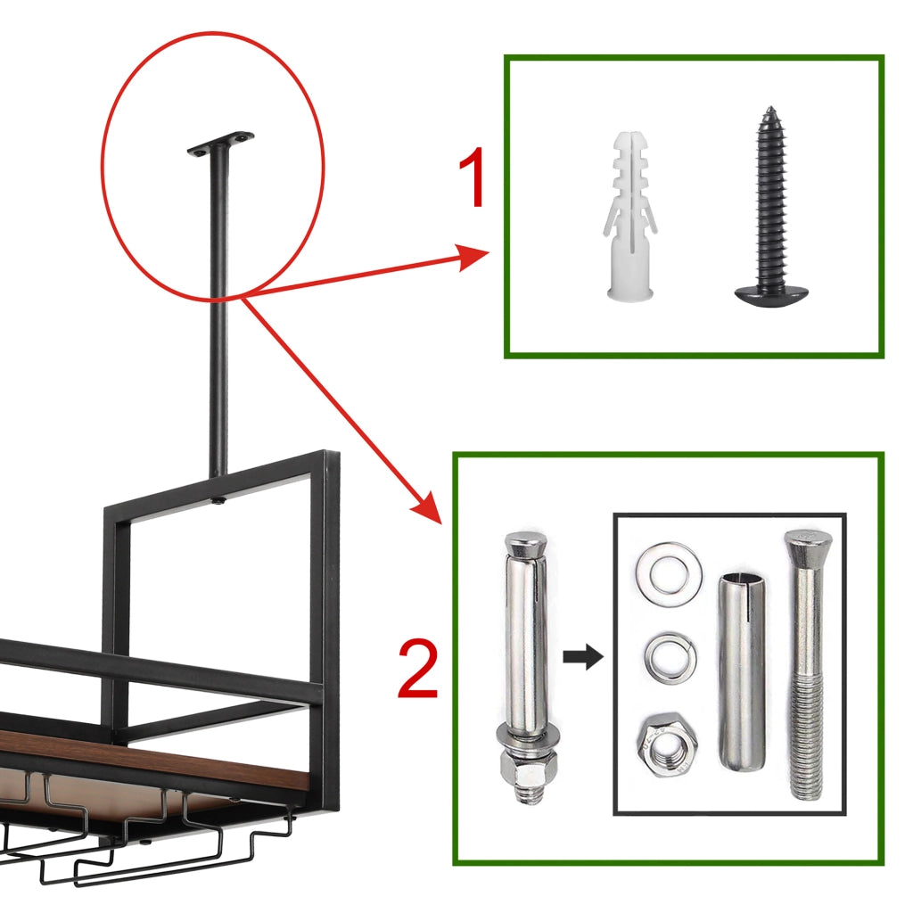 Portabottiglie Sospeso da Soffitto Borejle con Portacalici e Ganci per Tazze 80x30x65 cm Nero / Effetto Noce [en.casa]