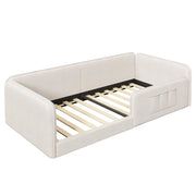 Letto Basso 90x200 cm; Letto Singolo - Tasche Laterali e Schiuma; in Lino - Beige