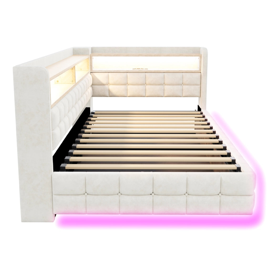 Divano letto imbottito 90x200 cm in velluto beige con contenitore idraulico; LED e prese USB/Type-C