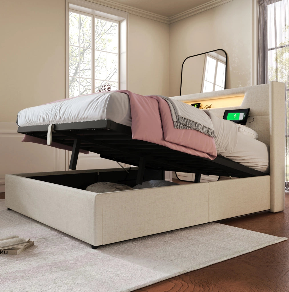 Letto matrimoniale imbottito 160x200 cm in lino beige con LED; USB e porta Type C