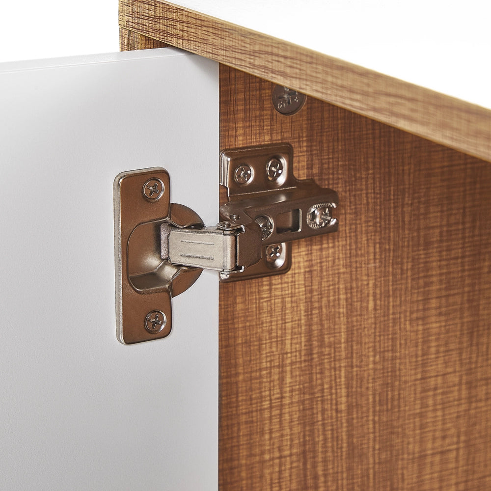 Credenza in Legno Chiaro con Gambe in Metallo Bianco Mobiletto Rettangolare Mobile TV 3 Scomparti Ante 62 x 112 cm Mobili Soggiorno
