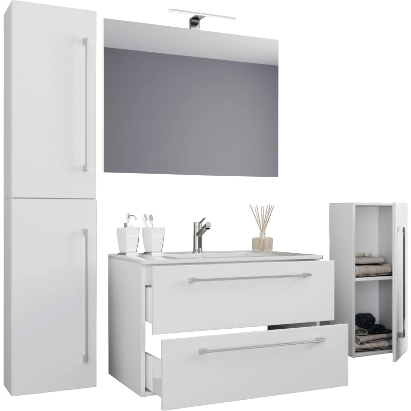 Completo Set bagno 5 pz Mobile sosp 2 casetti con Lavabo large in ceramica incl 1 Colonna 1 mobile sosp e specchio, Bianco