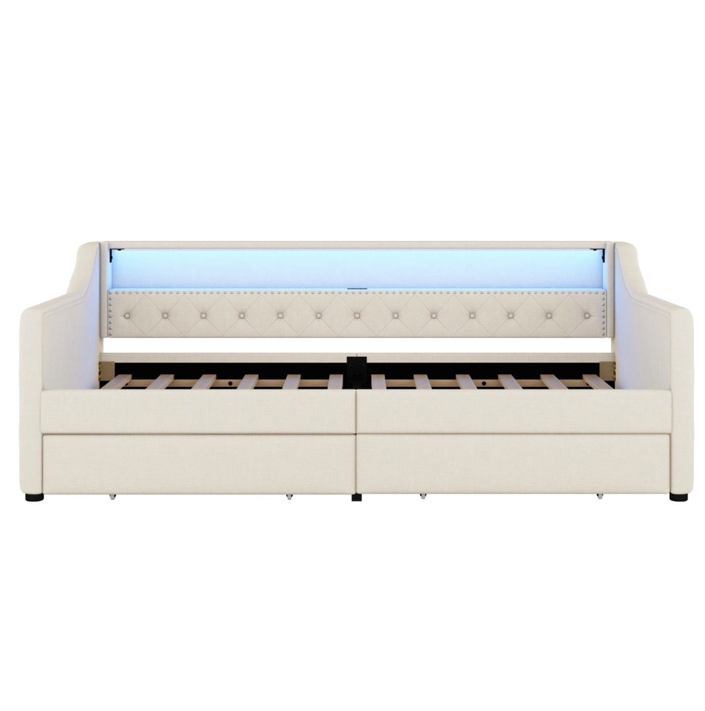 Letto 90x200 cm con LED; USB e 2 cassetti in lino beige
