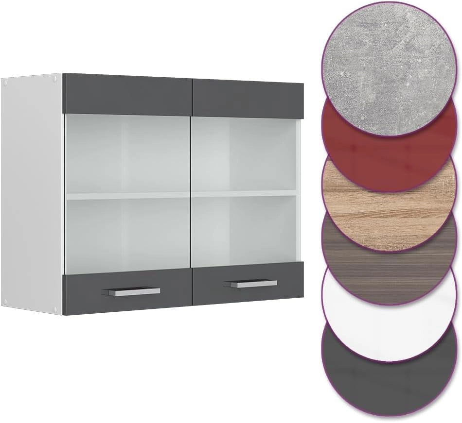 Mobile da cucina in vetro R-Line, Antracite lucido, 80 cm, per la libera combinazione all'interno di sistemi cucina modulari
