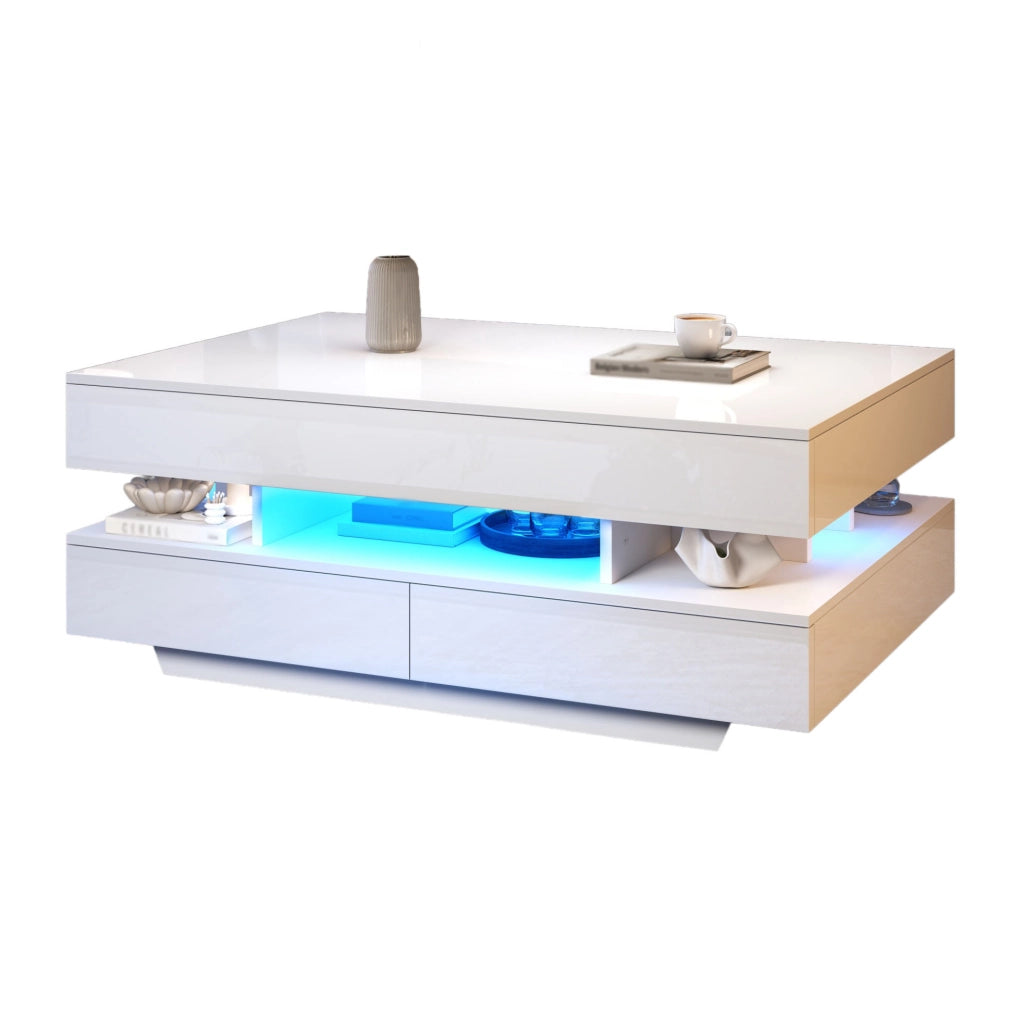 Tavolino da caffè sollevabile con LED e contenitore 100 x 50 x 45 cm; bianco lucido