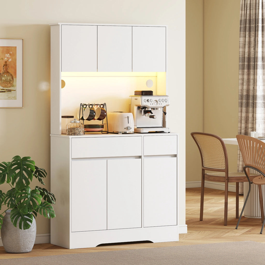 Credenza da cucina ¨C zephmum ¨C bianco, legno, 6 ante, 2 cassetti, luce LED