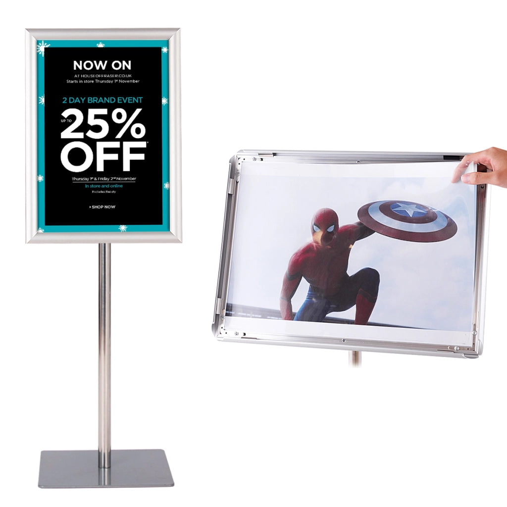 A3 Espositore da terra autoportante poster stand girevole e regolabile 78,5-123cm in metallo, Set da 2 Argento-Espositore pubblicitario