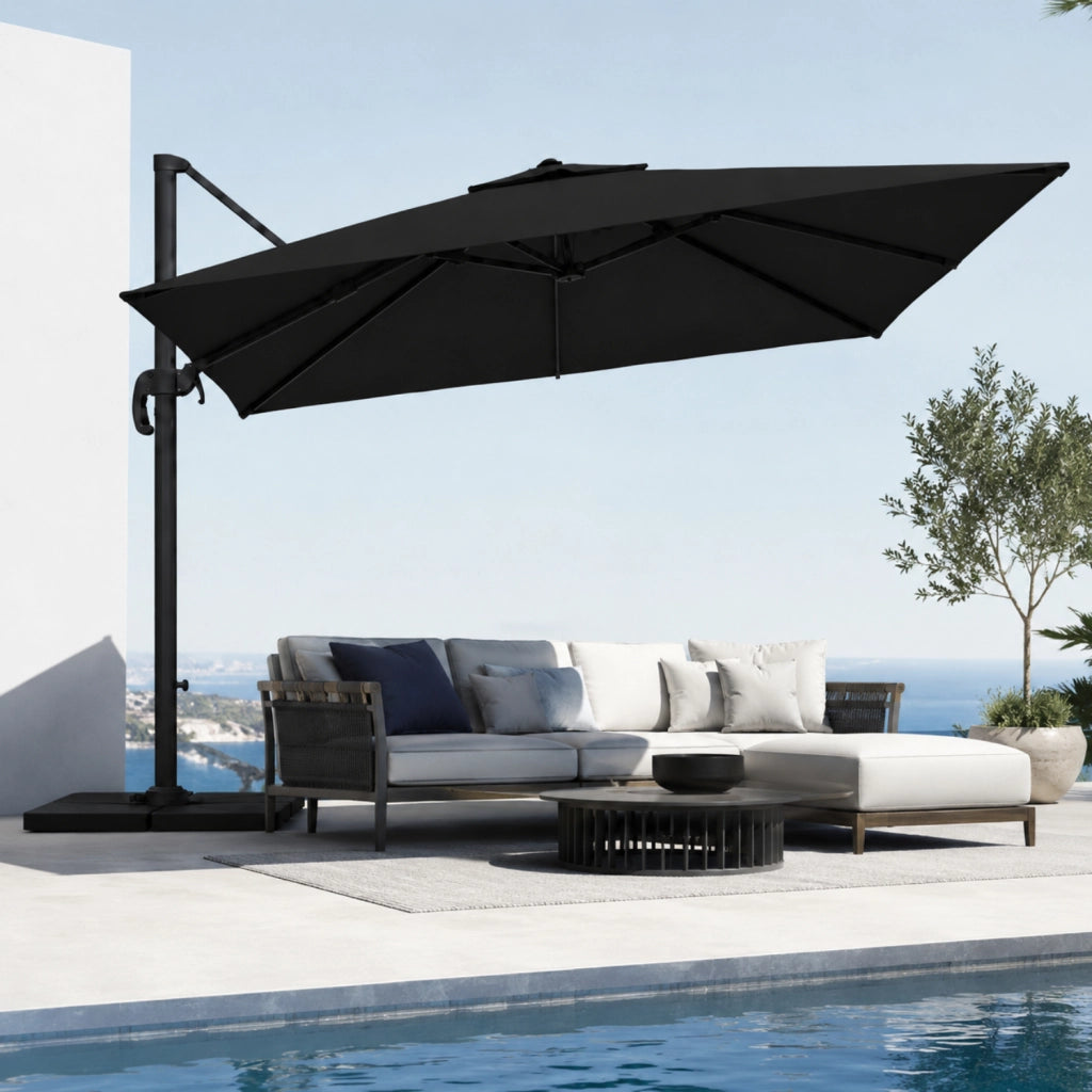 Ombrellone Professionale Per Giardino Terrazza Piscina Gazebo Dehors Bar Hotel Con Braccio Pieghevole Rotazione Completa 360° Tela Impermeabile Protezione Solare UV Acciaio Inossidabile 3x3 M Nero