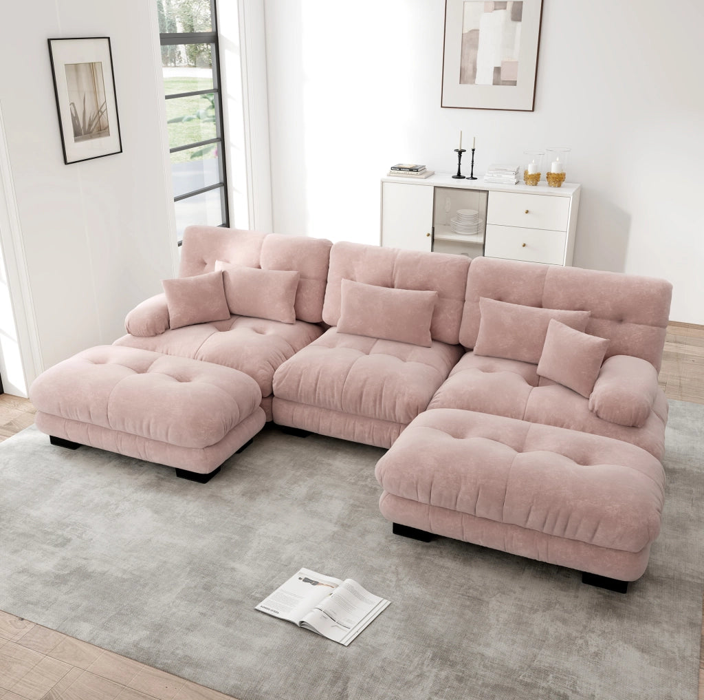 Divano Modulare Ad Angolo a Forma di U in Chenille Rosa con Pouf