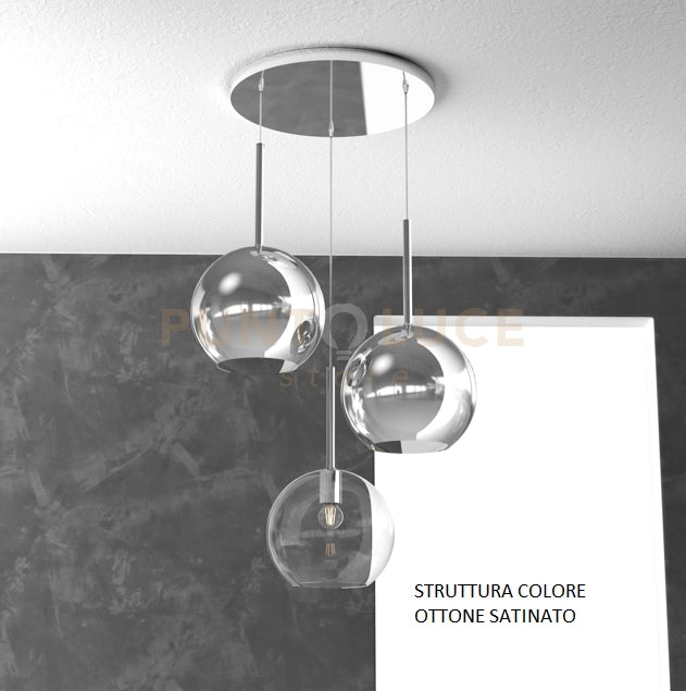 SOSP. OTTONE SAT. TONDA 3 LUCI VETRI TUTTI GRANDE (1 X TRASPARENTE + 2 X CROMO) 1155OS-S3 TG-TC