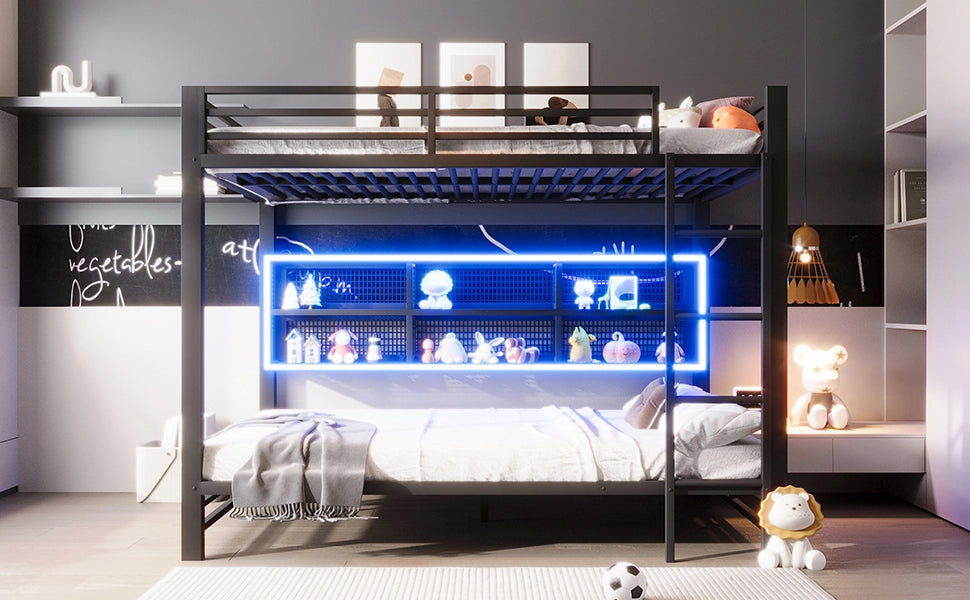 DESMIU Letto a castello 140 × 200 cm 2 posti con 6 vani e LED, senza materasso, in metallo, nero
