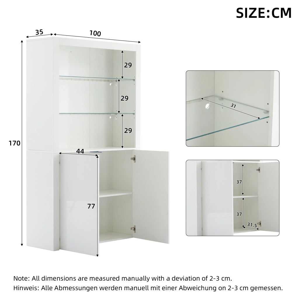 Vetrina con LED e ripiano in vetro temperato, 2 ante e vano contenitore, per soggiorno, bianco, 100 × 35 × 170 cm