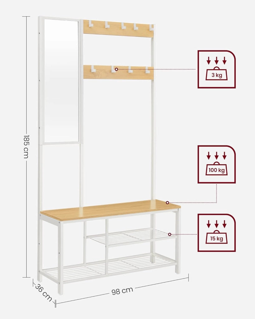 VASAGLE Appendiabiti, Mobile Ingresso con Ganci, Specchio, Panca Scarpiera e Ripiani, 36 x 98 x 185 cm, Corridoio Camera da Letto Salotto, Color Rovere e Bianco HSR050W09