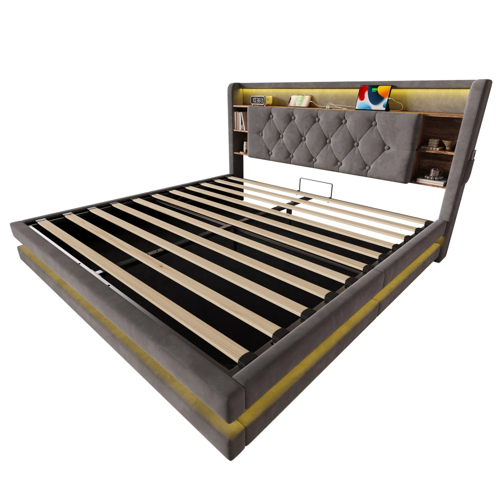 LETTO Contenitore 160x200 cm in velluto grigio scuro con testiera multifunzione