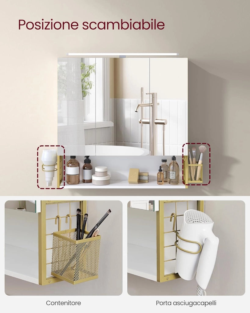 VASAGLE Armadietto da Bagno con Specchio e 3 Ante, Mobile a Parete, Cestino, Porta Asciugacapelli, Capiente, Mobiletto Bagno da Muro, Bianco Nuvola e Oro Verde Chiaro BBK124A10