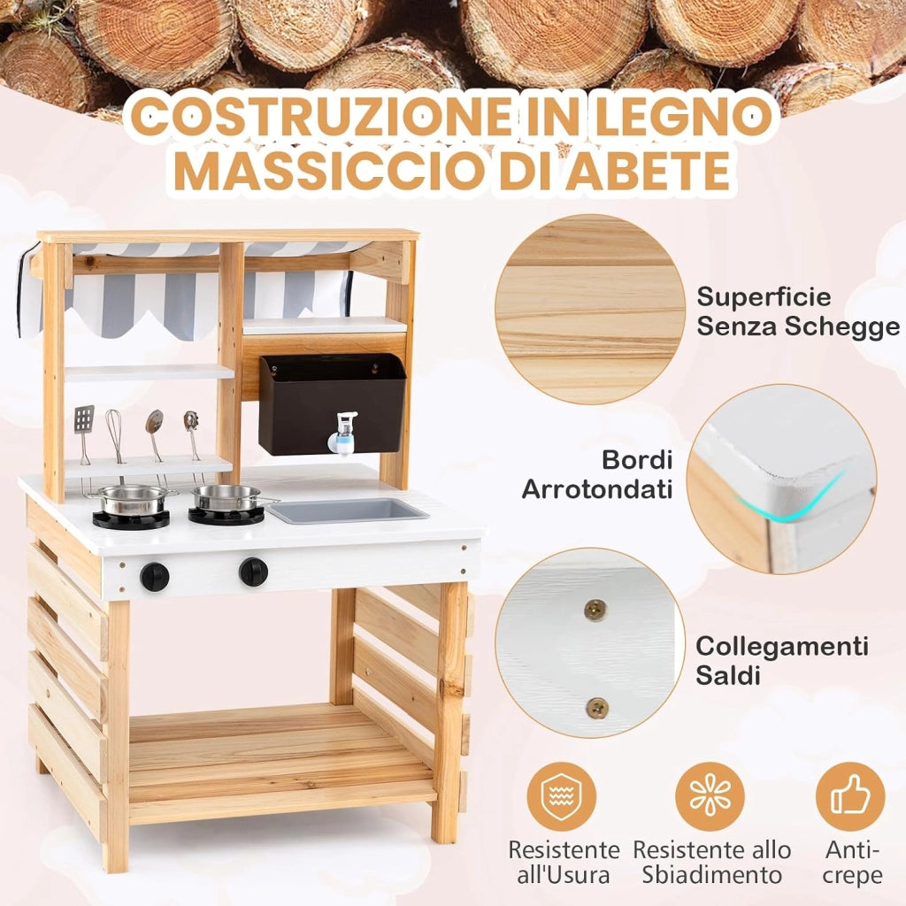 Cucina Giochi in Legno a Doppia Faccia, Cucina Giocattolo con Fornelli, Lavandino, Vaschetta per l'Acqua, Rubinetto, Set di Cucina per Esterni con Tetto, per Bambini dai 3+ Anni
