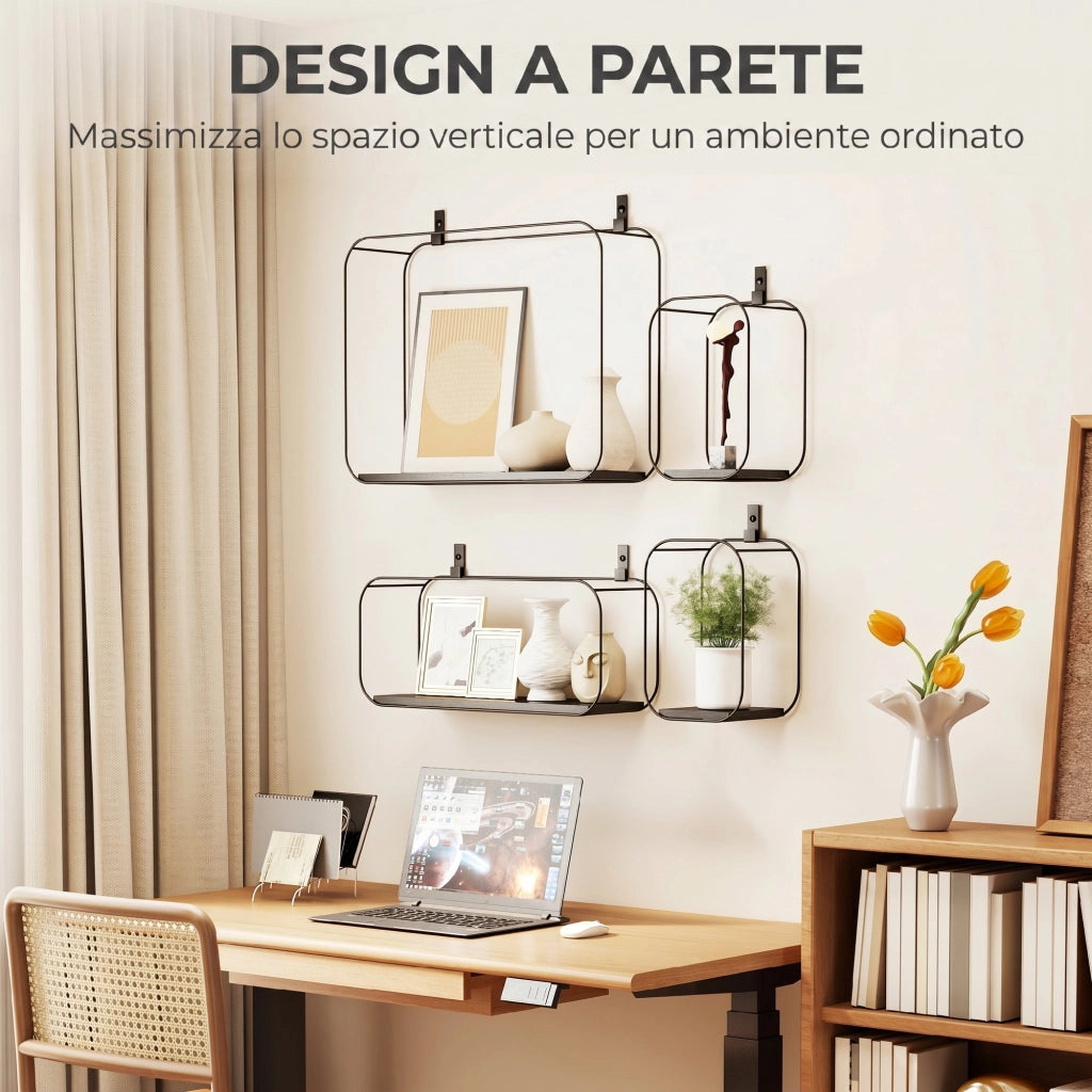 Mensole Flottanti Geometriche per Soggiorno, Set di 4 Pezzi, Nero