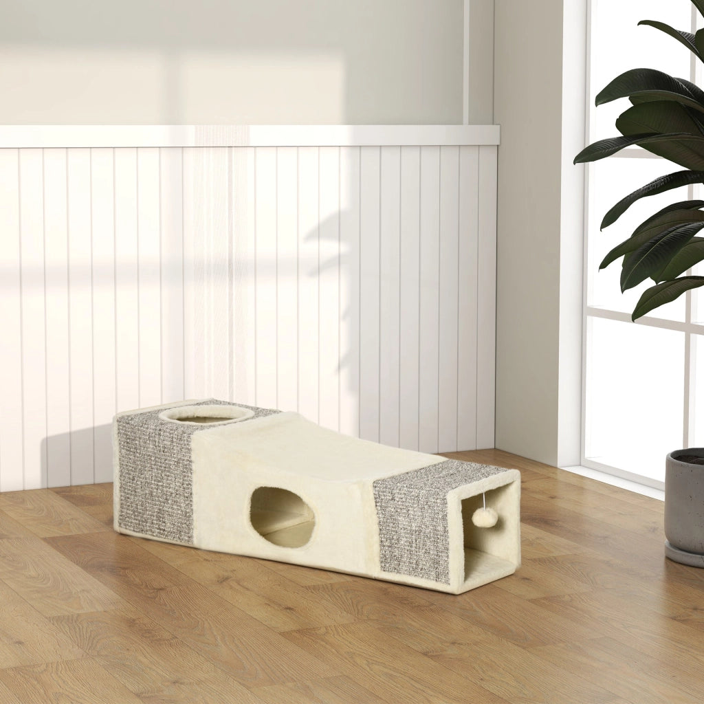 Tunnel per Gatti Pieghevole 98x30x30 cm con Tiragraffi in Peluche e Sisal Crema
