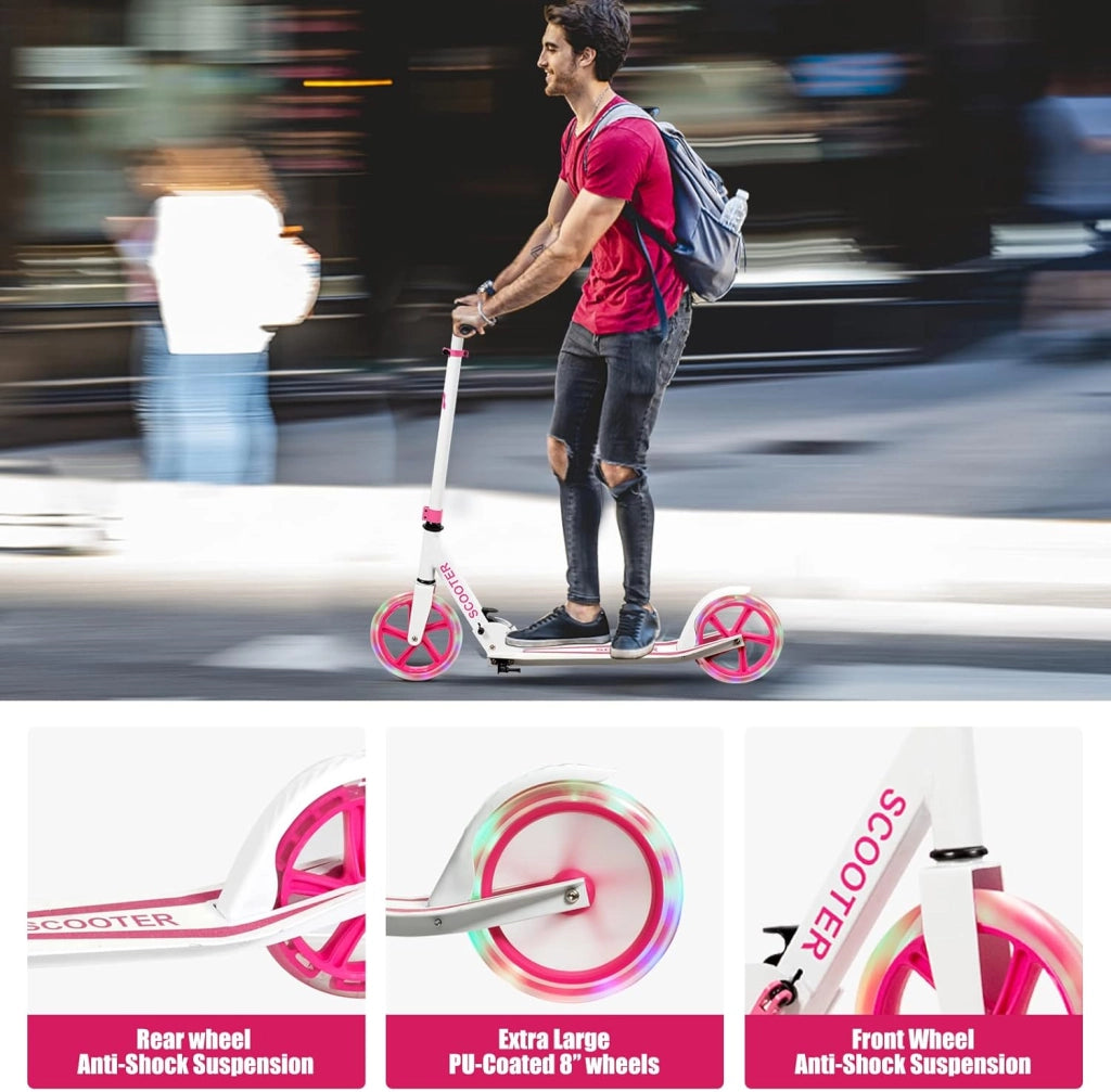 Monopattino Pieghevole per Bambini e Adulti Fino a 110kg, Manopattino a 2 Ruote Luminose con Freno, Scooter per Bambini con Manubrio Regolabile e Cinghia di Trasporto