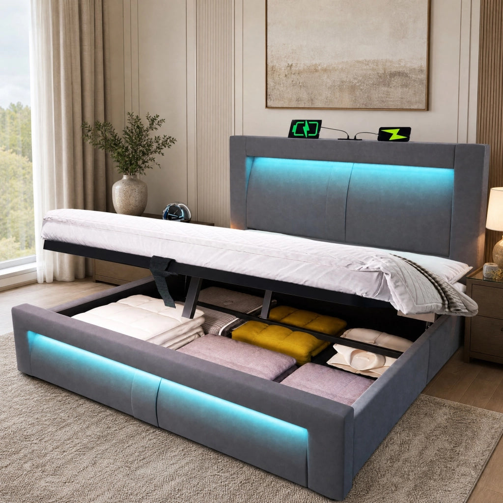 Letto matrimoniale 160x200 cm con contenitore, LED, USB e Type-C, in velluto grigio