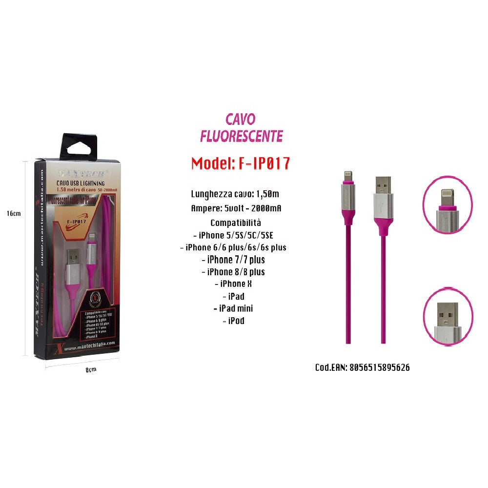 Trade Shop - Cavo Fluorescente Ricarica Per Iphone Ipad Ipod 1,50mt 5volt - 2000ma Maxtech F-ip017 -
