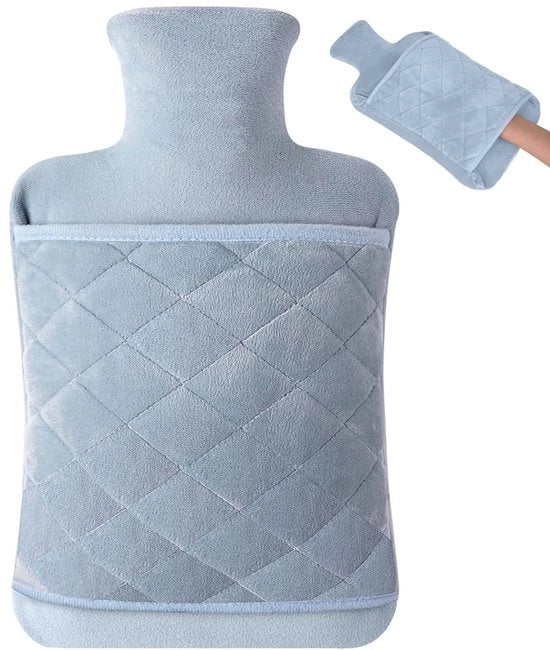 Bottiglia di acqua calda - Comfort e calore - Cappuccio morbido - Grigio-azzurro - Adatto a tutte le età - Ideale per regali