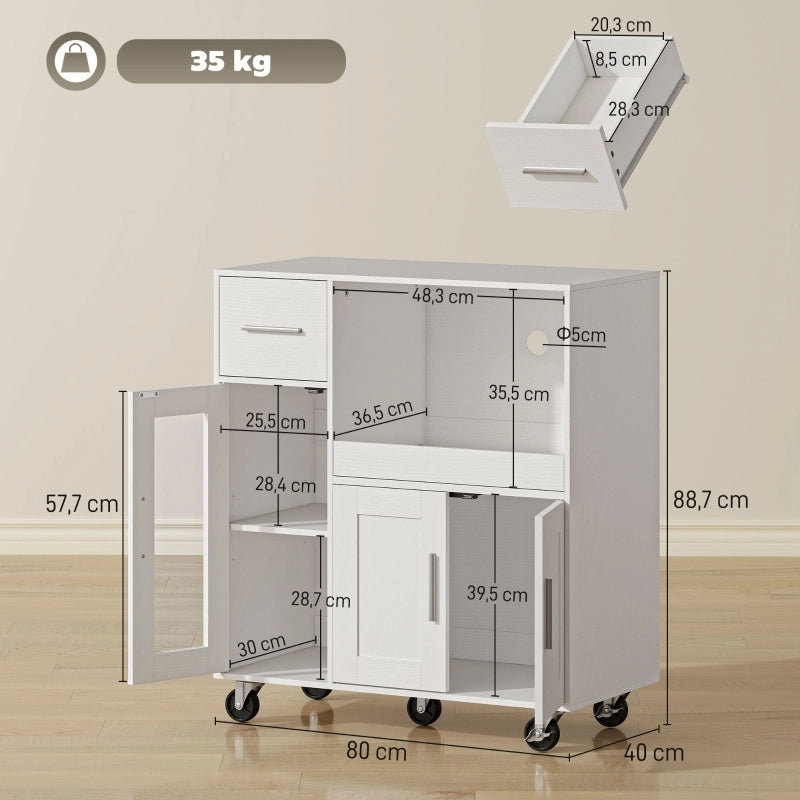 Carrello da Cucina con 2 Ante 1 Cassetto e Ripiano Regolabile con Ruote; in Legno; 80x40x88;7 cm; Bianco
