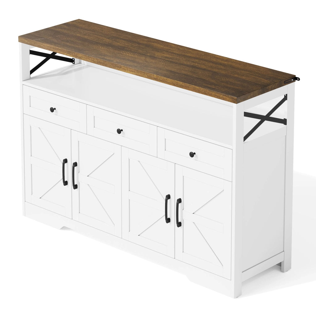 Credenza 140x35x95 cm Bianca e Marrone con 3 Cassetti; 2 Armadietti e Vano Aperto; Stile Country