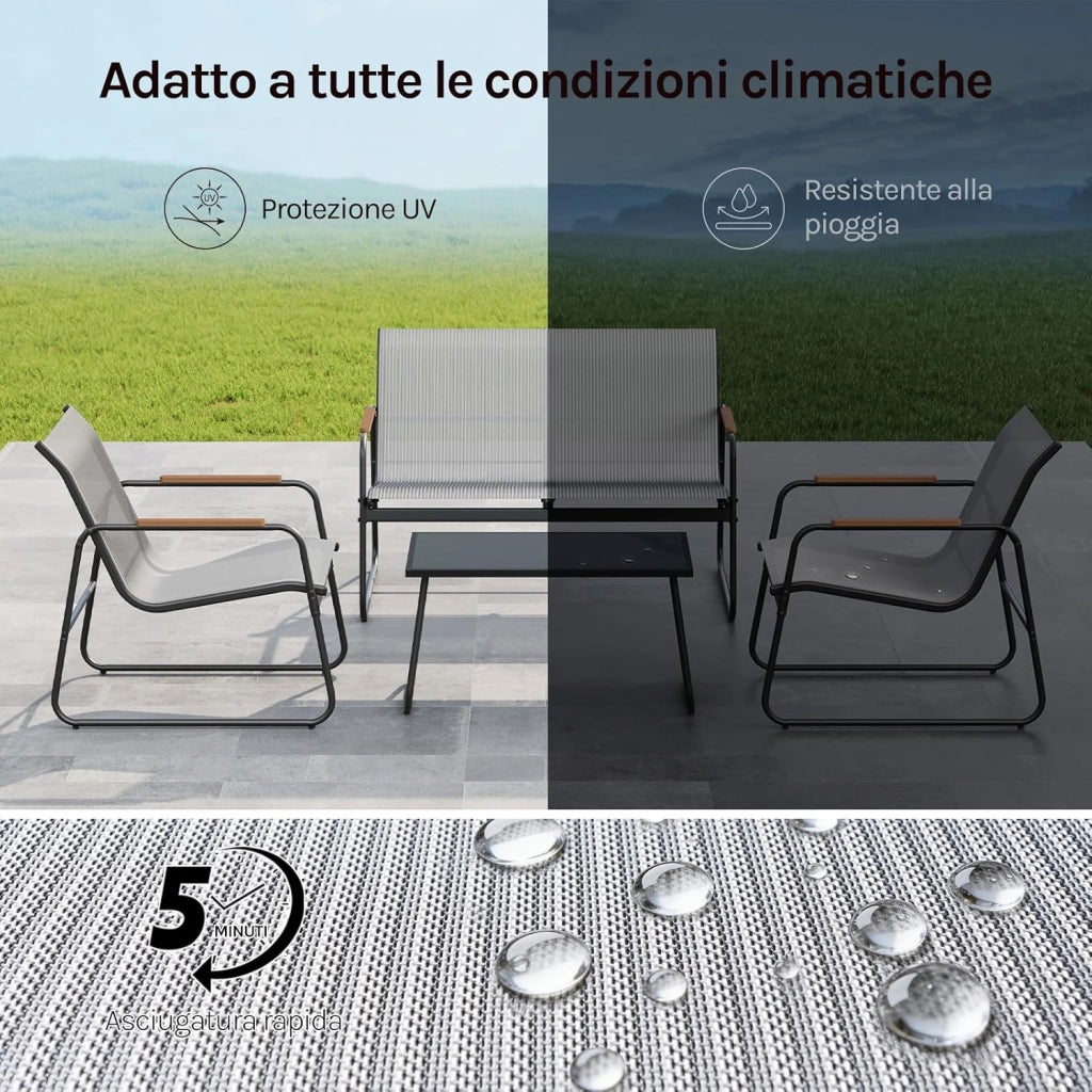 Set di Mobili da Esterno 4 Pezzi, Tavolo, Divano e 2 Sedie, Salotto da Giardino Resistente alle Intemperie, Struttura in Metallo, Tessuto Traspirante, per Balcone, Patio, Terrazza, Grigio
