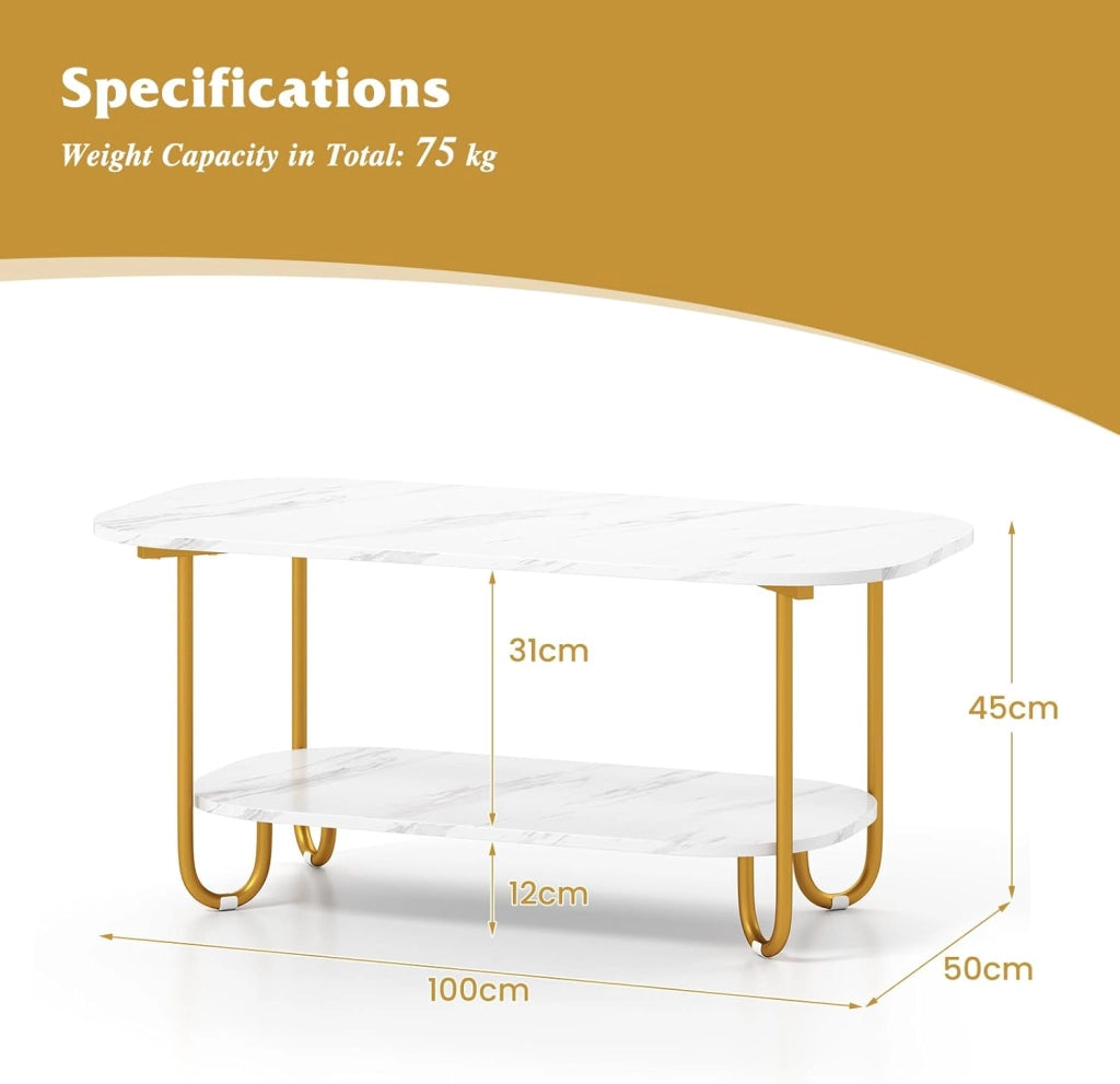 Tavolino da salotto dorato a 2 livelli, tavolino da caffè in marmo finto con angoli arrotondati, gambe antiscivolo, design rettangolare, per soggiorno, ufficio, appartamento, 100 x 50 x 45 cm