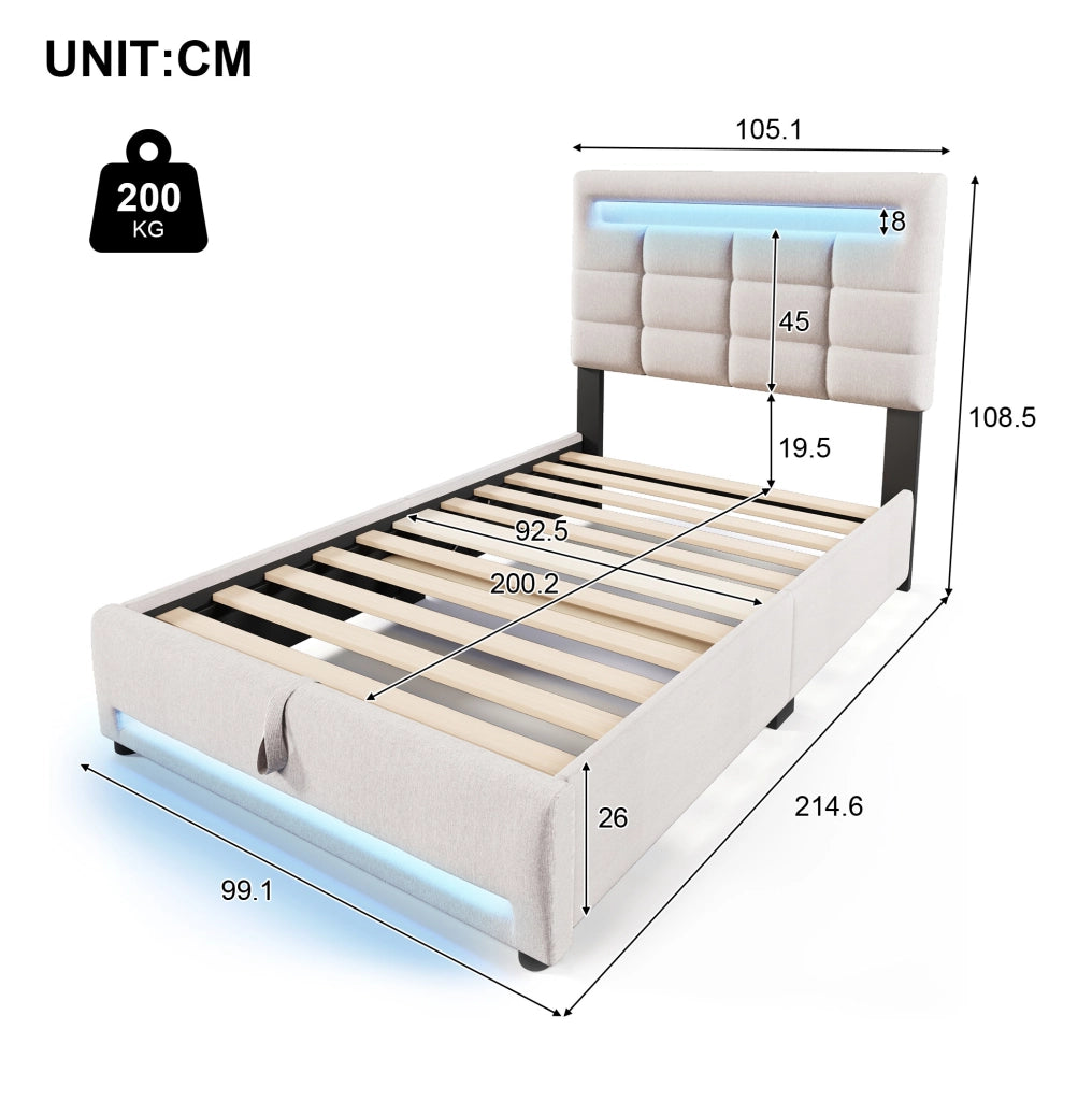Letto imbottito 90x200 cm con contenitore idraulico e LED APP in lino