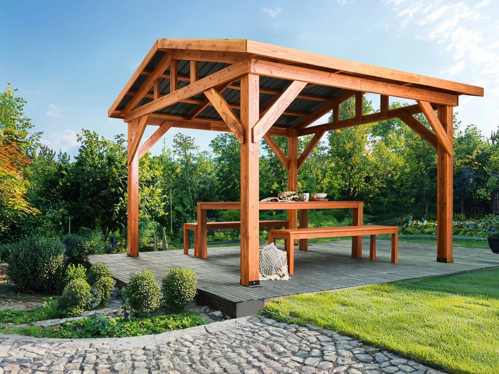 Pergola in legno chiaro tetto in metallo struttura in legno 296 x 350 cm Padiglione da giardino moderno industriale