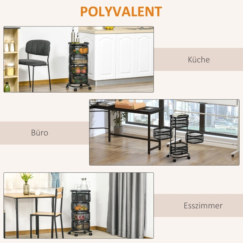 Carrello da cucina con 4 cestelli e ripiano superiore, ruote girevoli, per cucina e camera da letto, nero, 33 × 33 × 77 cm