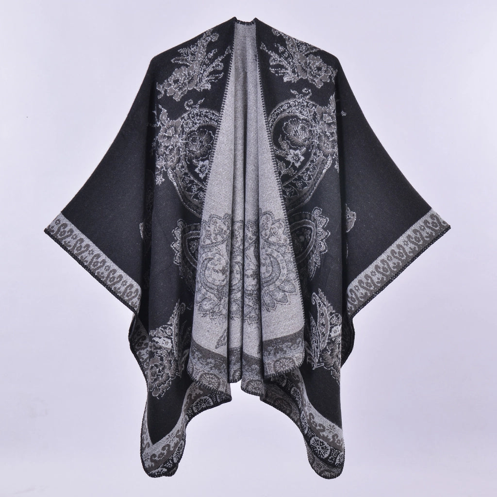 Nuovo scialle/mantella in jacquard di cashmere alla moda con spacchi, spesso e ampio, da donna.