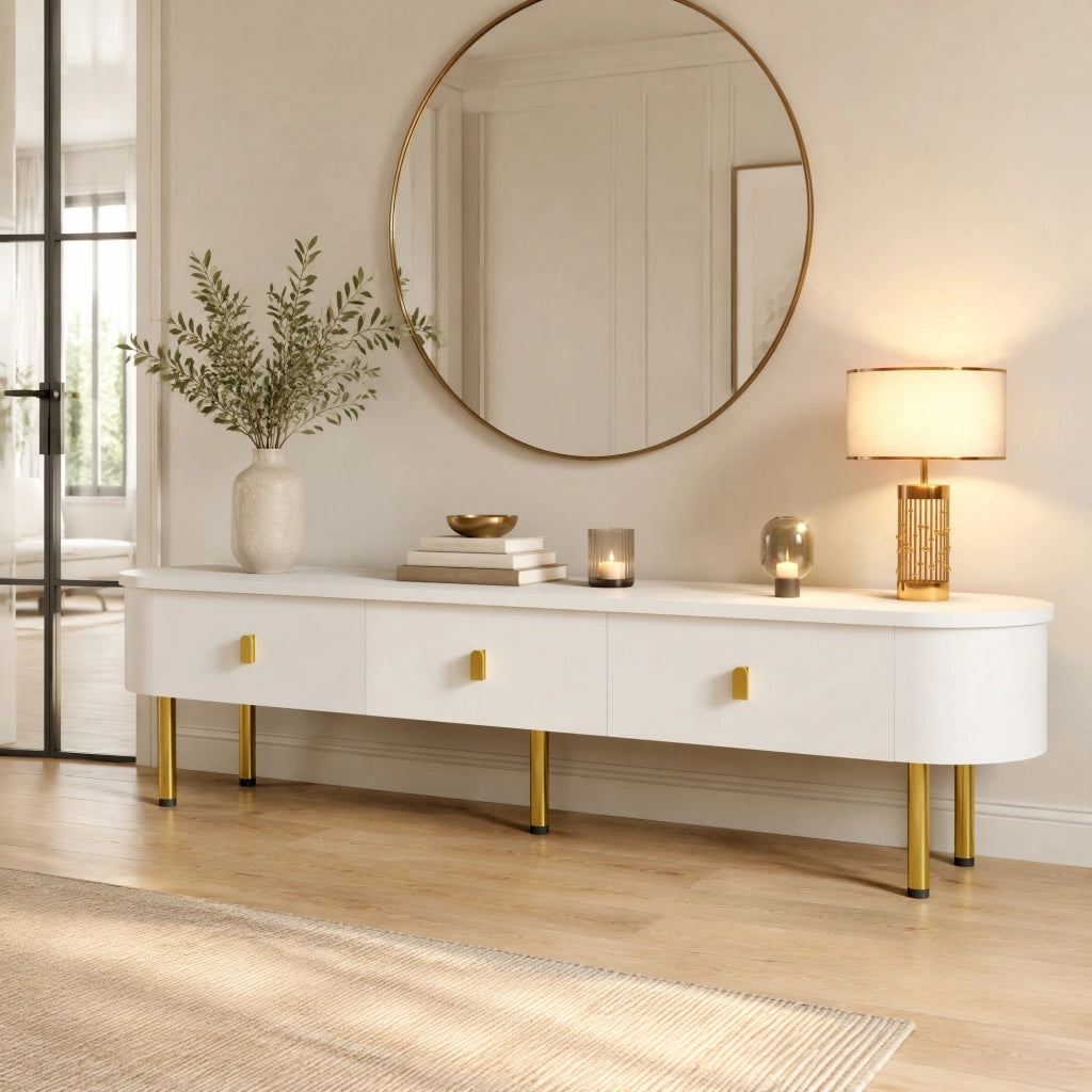 Mobile TV moderno 174 cm in MDF bianco con 3 cassetti; maniglie e gambe dorate