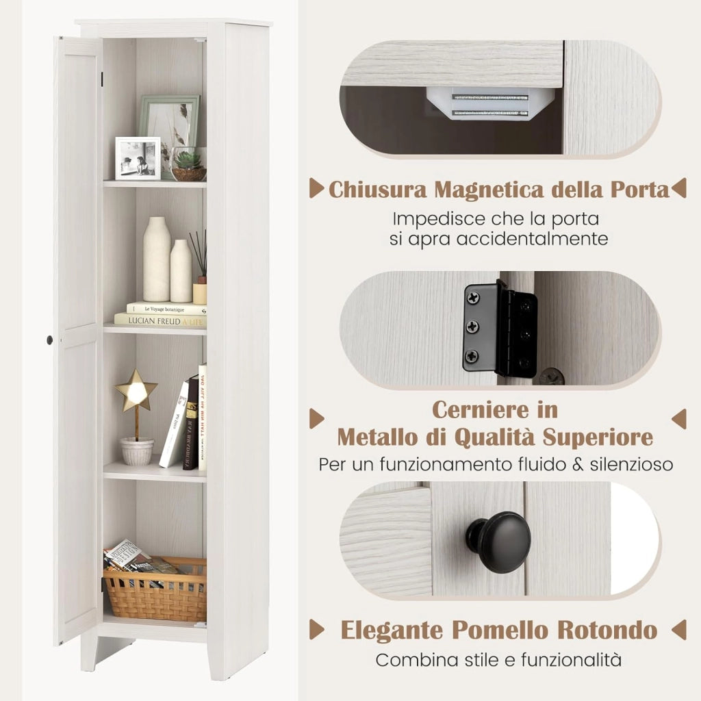 Mobile Bagno 43 x 39,5 x 183 cm, Colonna Bagno con Ante e 4 Ripiani, Armadietto Salvaspazio Alto a Colonna in MDF, per Soggiorno, Cucina e Ufficio (Bianco)