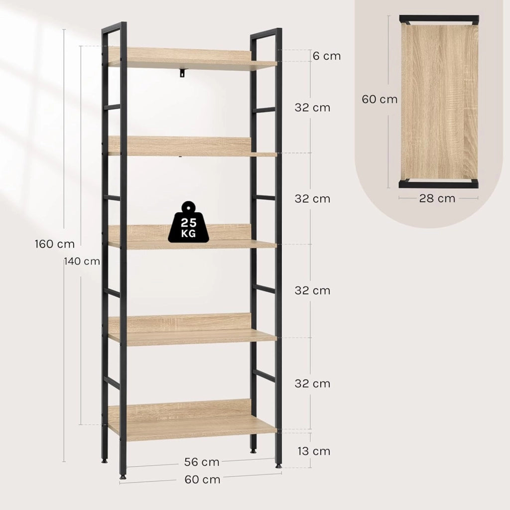 Libreria Scaffale a 5 Livelli, Libreria Verticale Struttura in Metallo per Soggiorno/Camera da Letto/Studio, 60x27,5x160cm, Bianco + Rovere chiaro