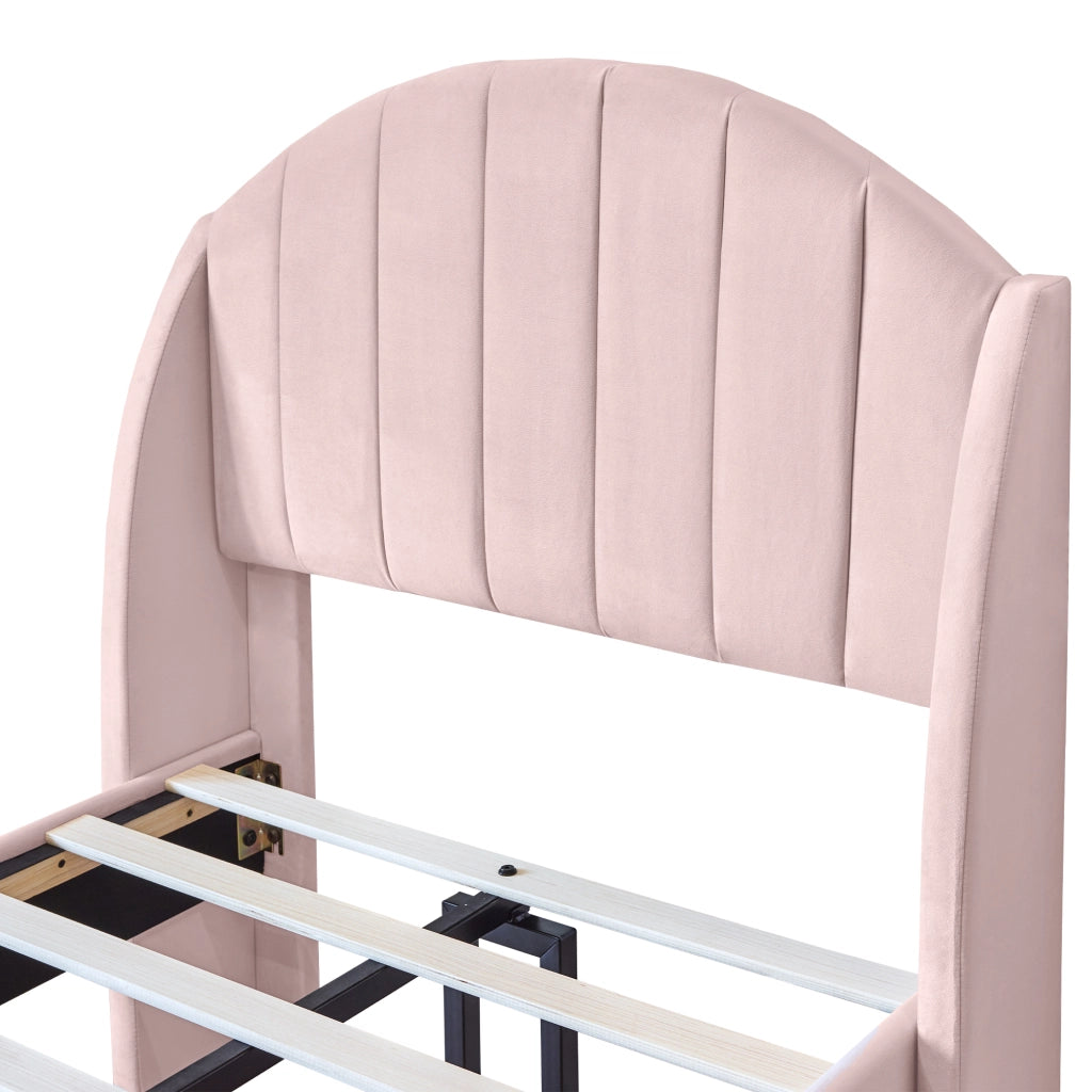 OKWISH Letto Singolo 90×200 cm con Testiera Imbottita e Rete a Doghe, senza Materasso, in Velluto, Rosa