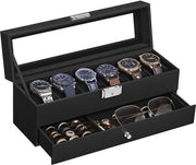 Cassa orologio con coperchio in vetro, 2 pannelli, per 6 orologi, chiusura a chiave, 1 cassetto, per anelli, bracciali, regalo, fodera nera, copertura in PU nera