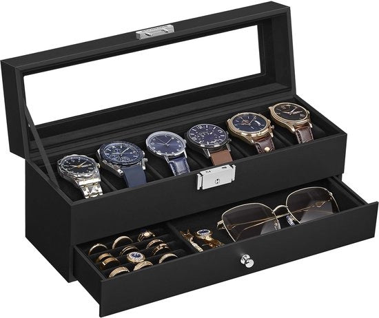Cassa orologio con coperchio in vetro, 2 pannelli, per 6 orologi, chiusura a chiave, 1 cassetto, per anelli, bracciali, regalo, fodera nera, copertura in PU nera