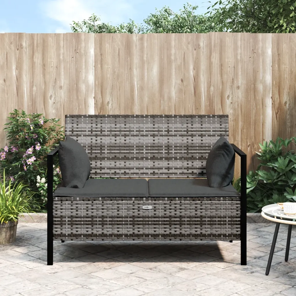 Panca da Giardino a 2 Posti-Sgabello-Panca da esterno con Cuscini in Polyrattan Grigio