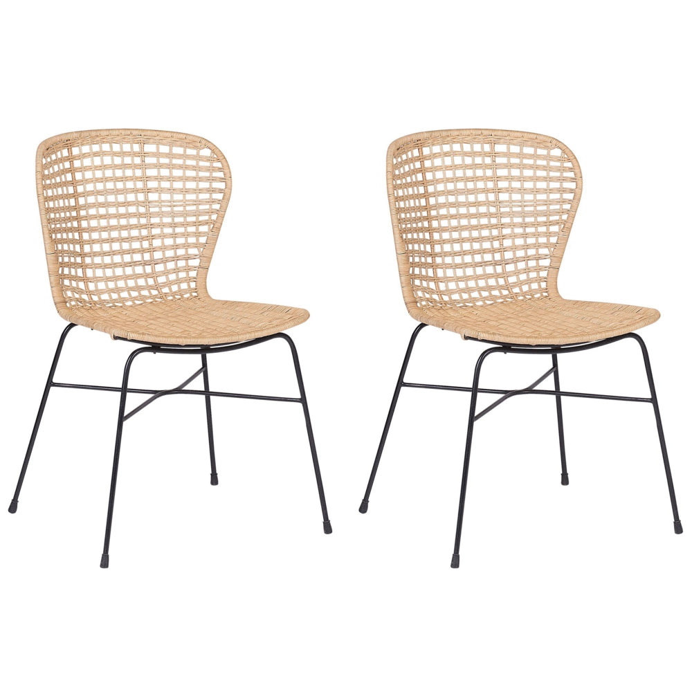 Set di 2 sedie da pranzo Sand Beige Rattan Vimini Struttura in metallo Nero Rustico per interni Boho Design