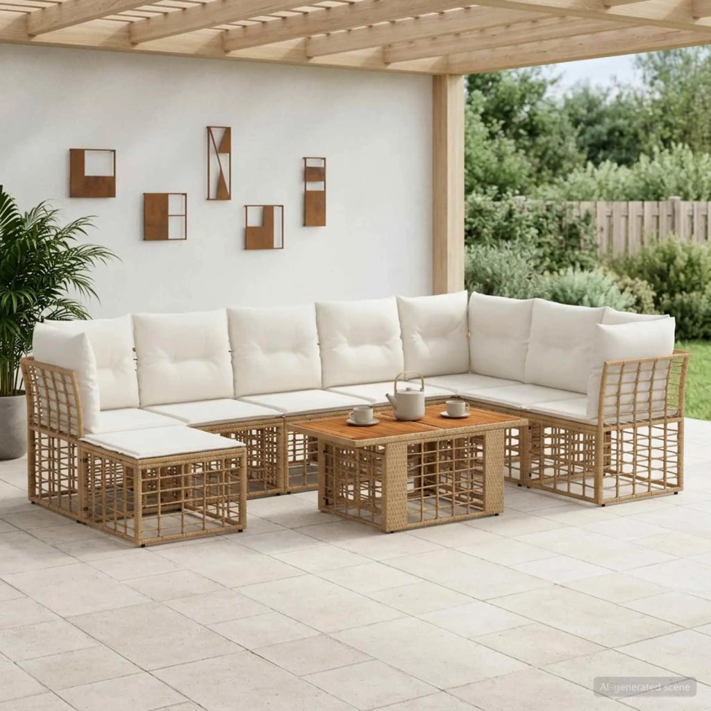 Set Divano da Giardino 9 pz Naturale e Bianco Crema polyrattan 3437896
