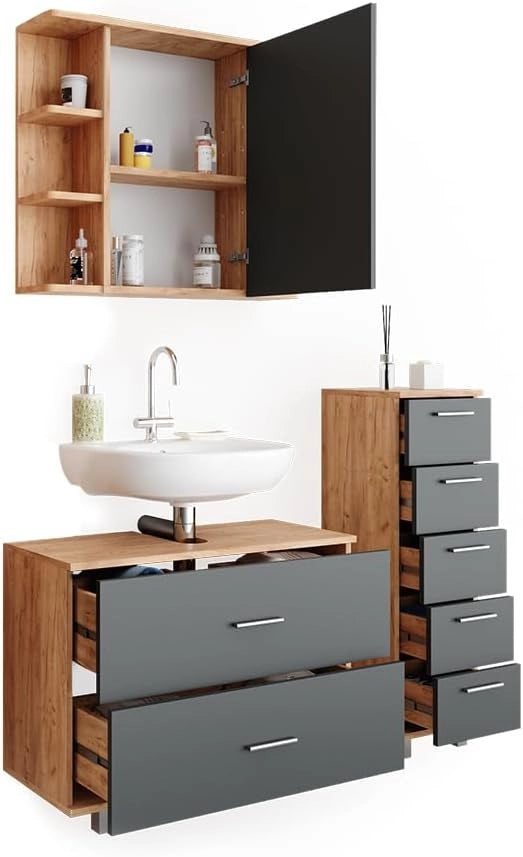 Set mobili bagno Ilias, Antracite/quercia dorata, 80 cm, composto da mobile sottolavabo, specchiera e mobile medio