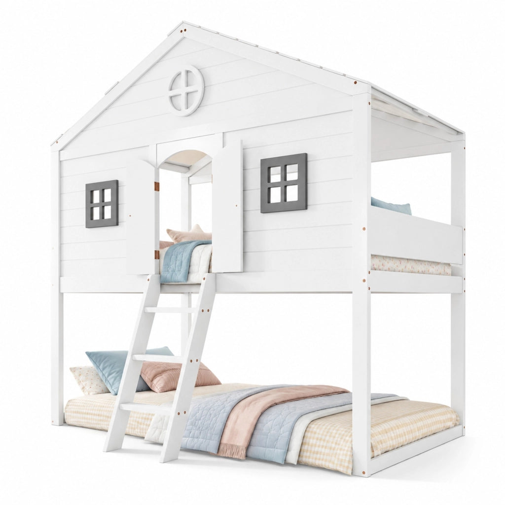 Letto a soppalco per bambini 90x200 cm bianco e grigio con scala e finestre