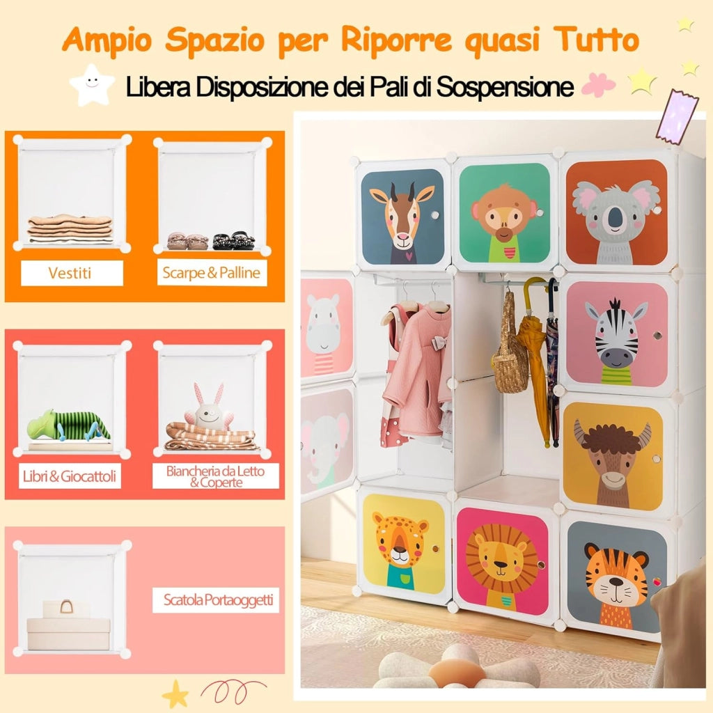 Guardaroba Portatile per Bambini, Armadio Portatile con 12 Cubi, Organizzatore Modulari per Camera dei Bambini Soggiorno, 109 x 35 x 145 cm (Bianco)