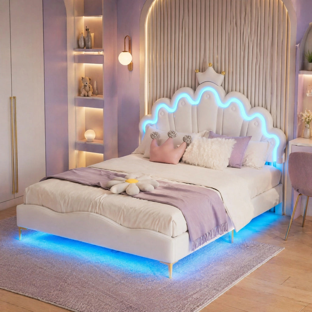 LETTO 140x200 cm in PU Bianco con LED