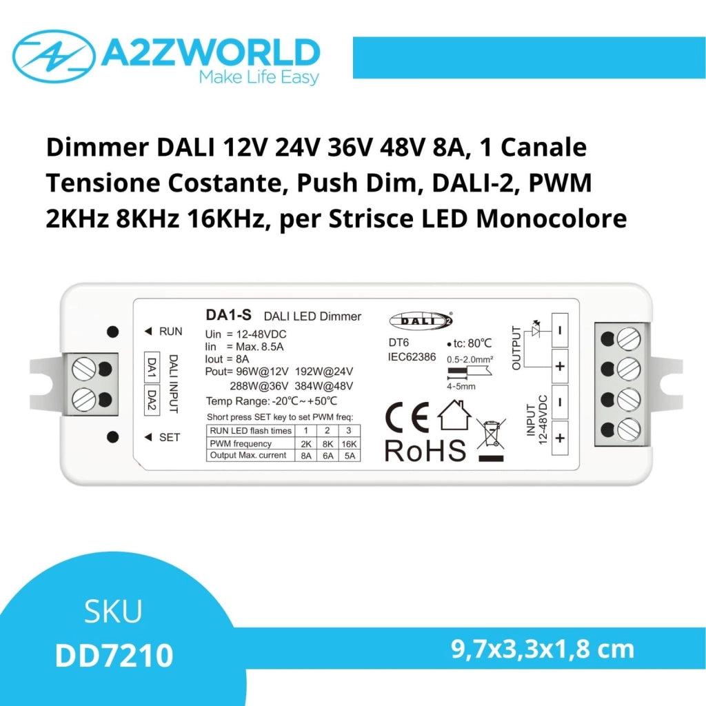 Dimmer DALI 12V 24V 36V 48V 8A, 1 Canale Tensione Costante, Push Dim, DALI-2, PWM 2KHz 8KHz 16KHz, per Strisce LED Monocolore