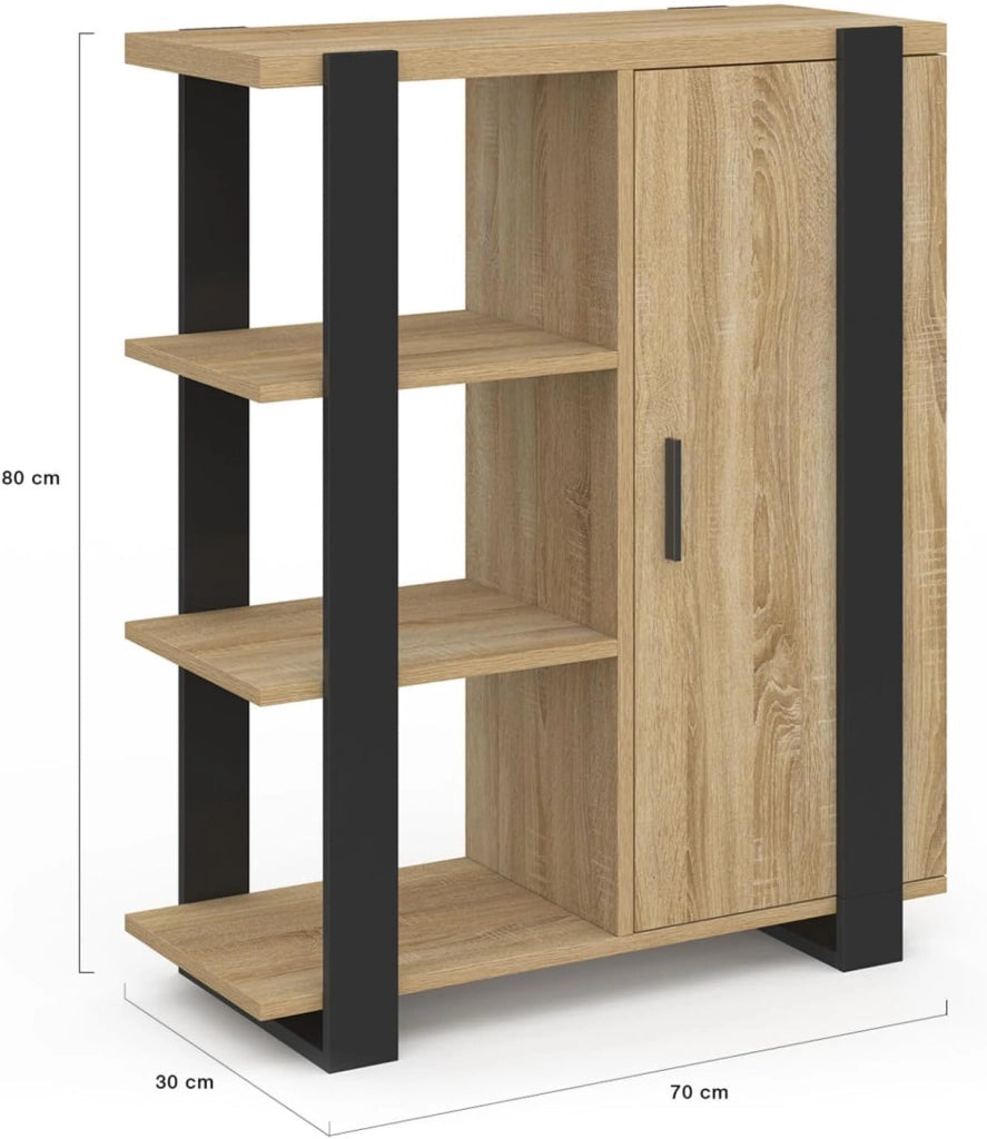 Credenza PHOENIX a 3 ripiani con armadio, 70 cm, legno e nero